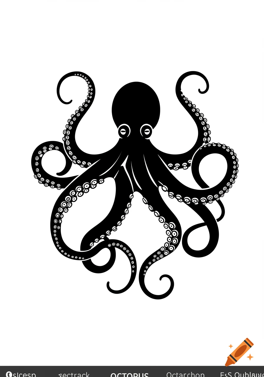 A black silhouette of an octopus with eight curled tentacles and prominent suckers, on a white background, in vector illustration style.