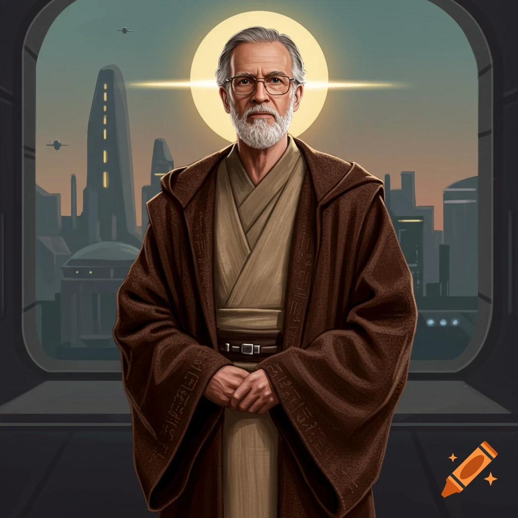 An older man resembling a Jedi Master in brown robes and glasses, in a sci-fi setting looking out at a futuristic city.