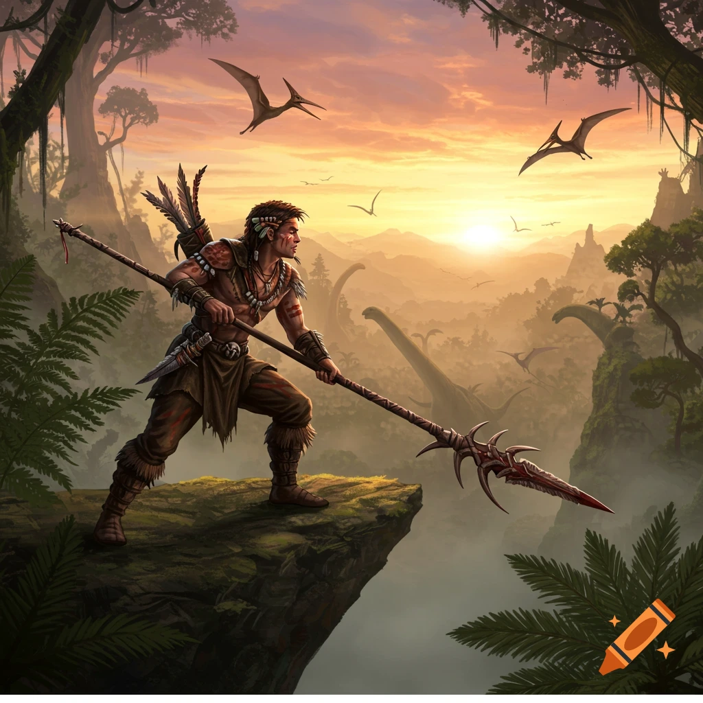 A prehistoric hunter with a spear stands on a cliff overlooking a dense jungle with dinosaurs and pterodactyls at sunset.