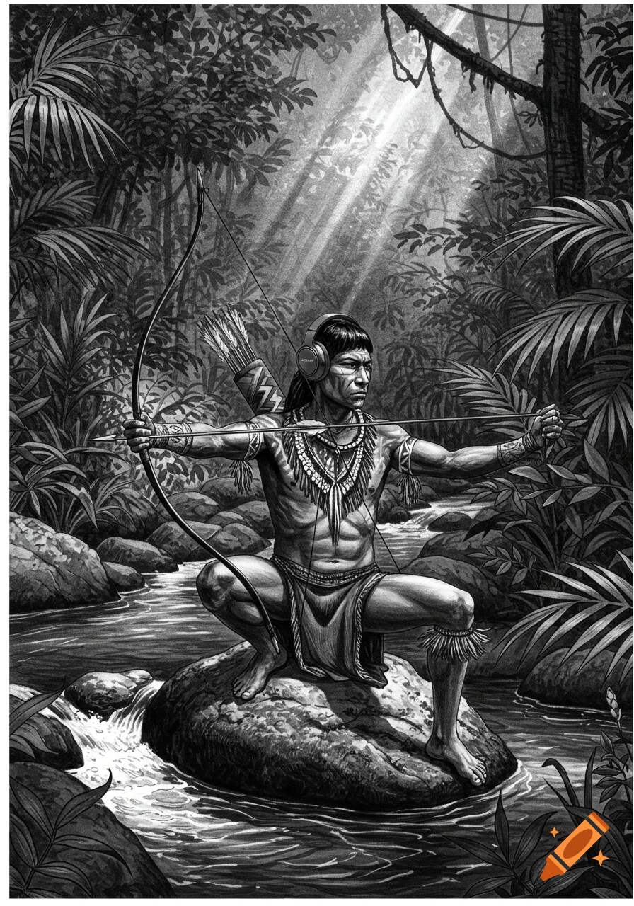 Black and white drawing of an Amazon native with a bow and arrow and Bose headphones, crouching on a rock in a jungle stream.