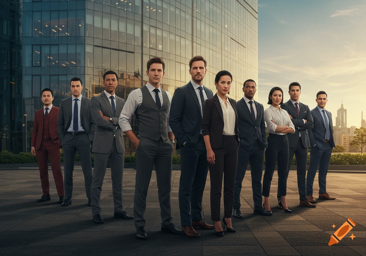 A diverse group of business professionals in suits stand confidently outside a modern building with a city skyline at sunset.
