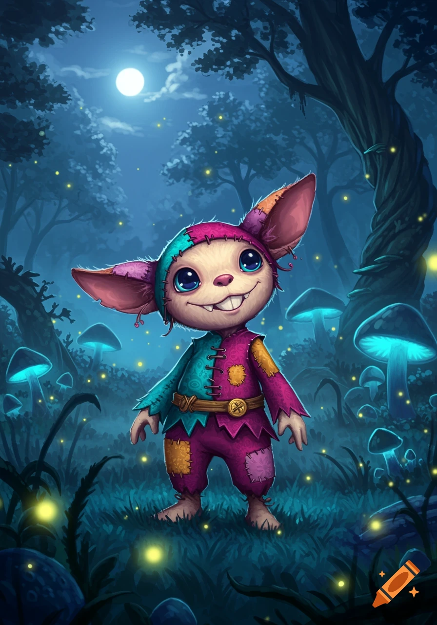 A cute, whimsical creature made of colorful patches smiles in a magical, glowing forest at night.