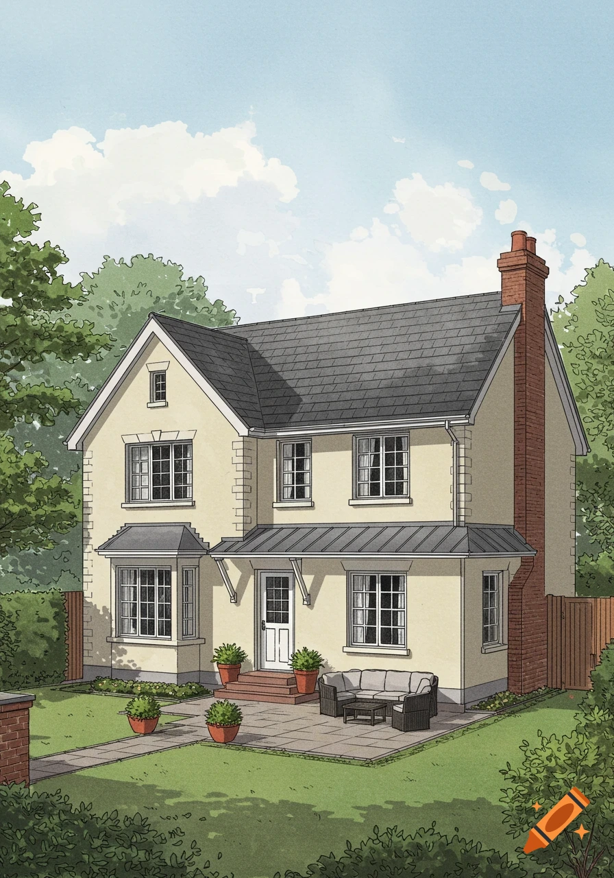 A detailed illustration of a two-story house with a grey roof, light yellow walls, and a small patio with outdoor furniture.