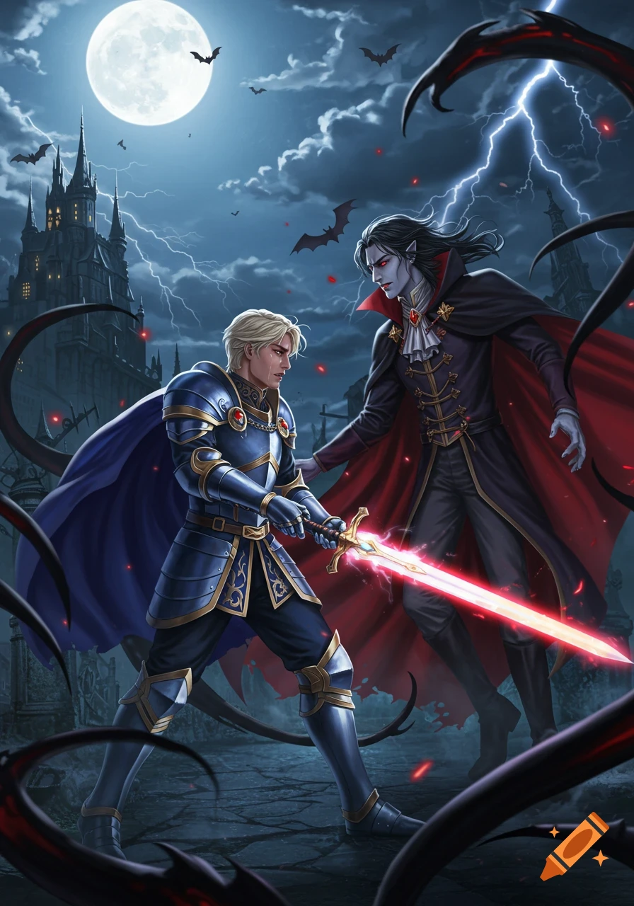 Anime-style illustration of a knight with a glowing sword dueling a vampire under a full moon and lightning near a dark castle.