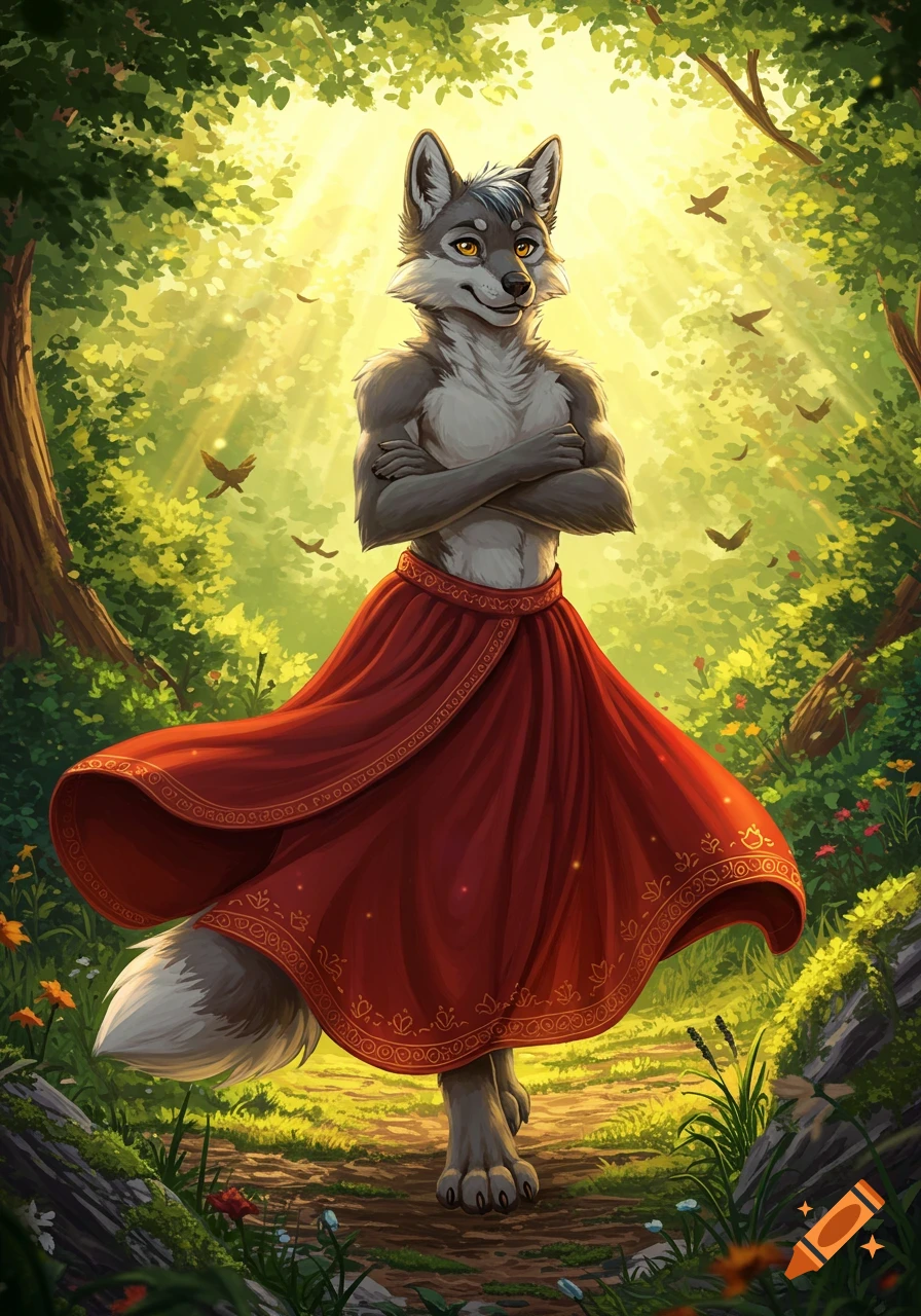 A grey wolf furry character in a flowing red skirt stands with crossed arms in a sunlit forest.