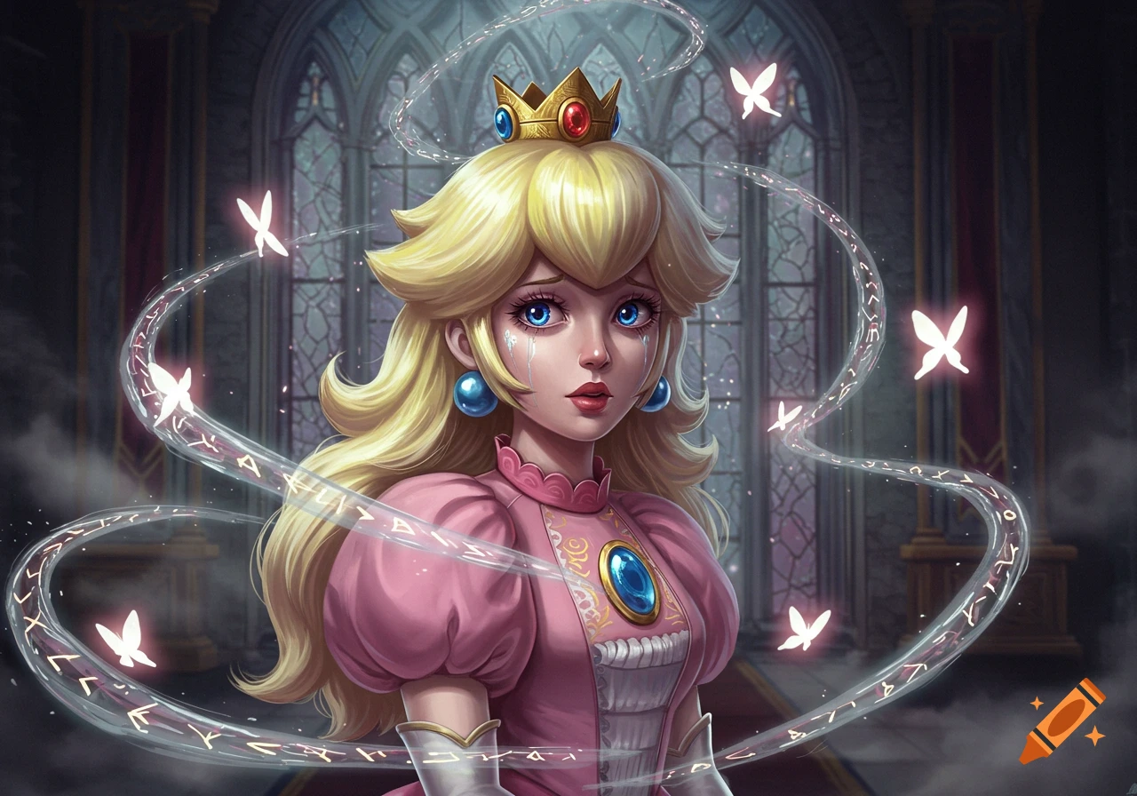 Princess Peach with tears in her eyes, looking distressed, surrounded by glowing runes and butterflies in a dark, gothic interior.
