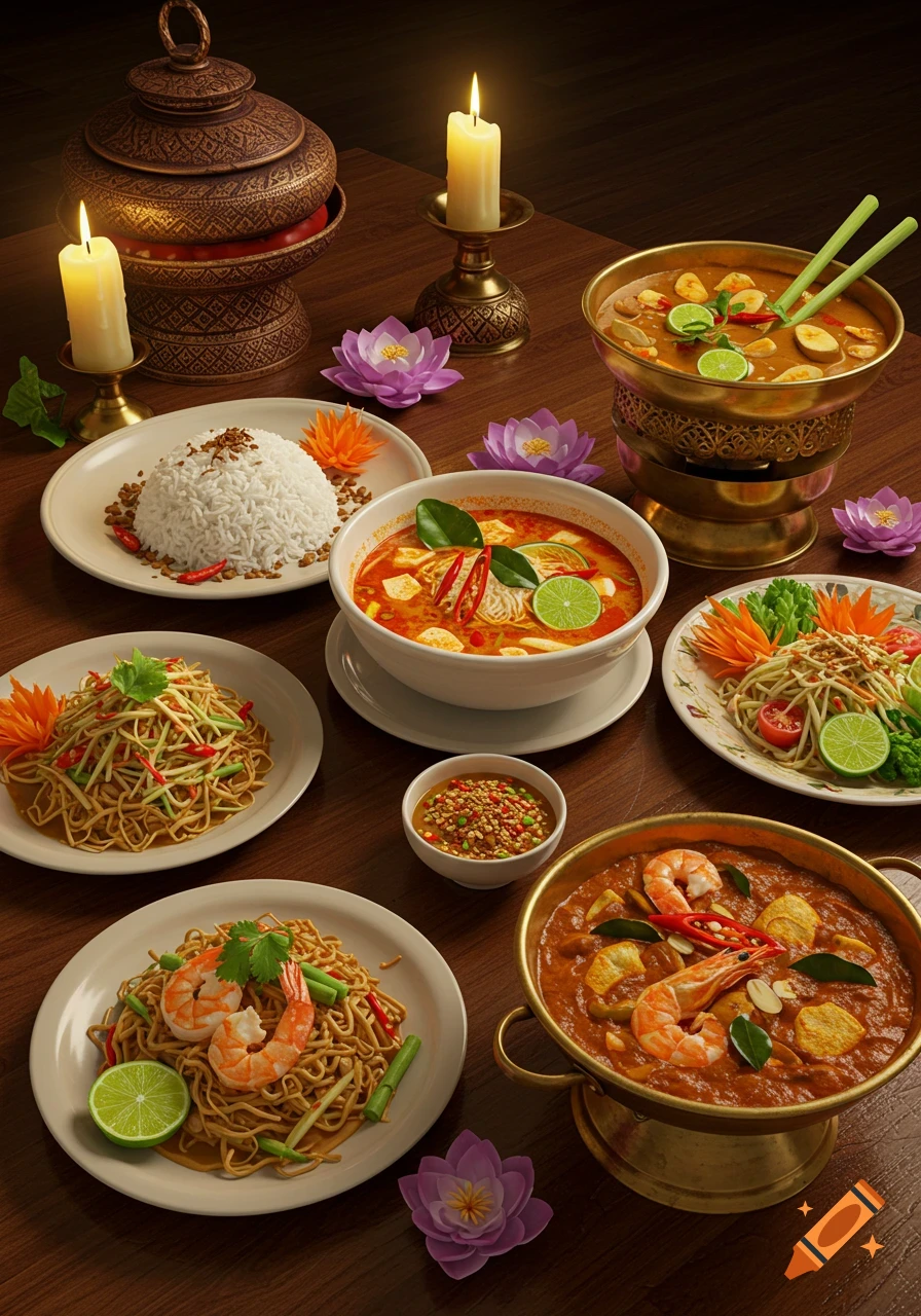 A photorealistic image of a lavish Thai dinner spread on a wooden table, featuring multiple dishes, lit candles, and decorative lotus flowers.