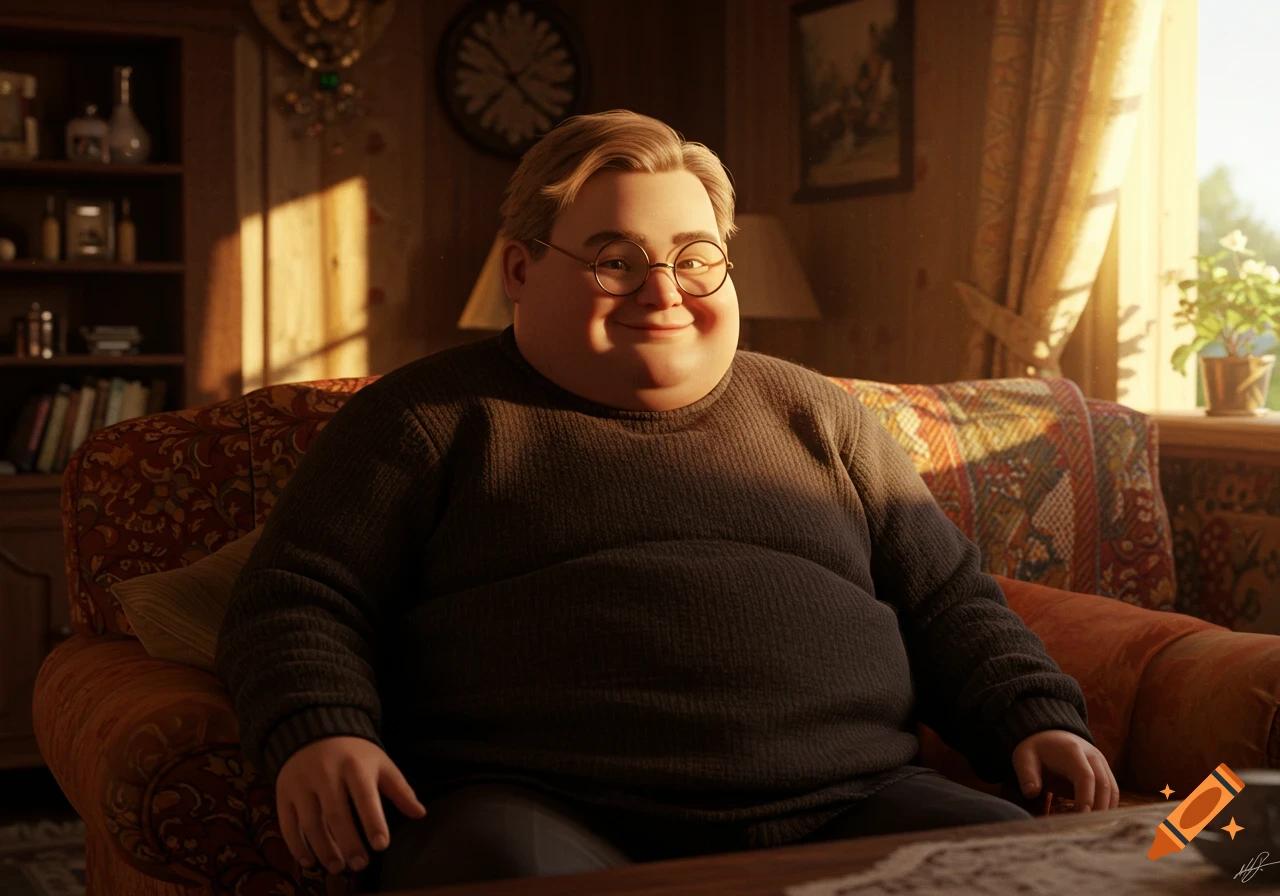 A smiling, plump man with glasses sits comfortably on a patterned armchair in a cozy, sunlit living room.