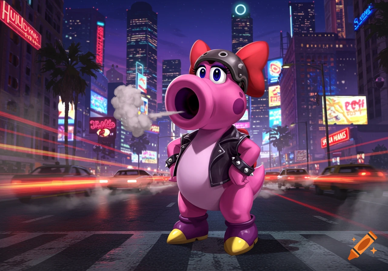 Pink Birdo character in a biker jacket and helmet stands on a neon-lit city street at night, exhaling smoke.