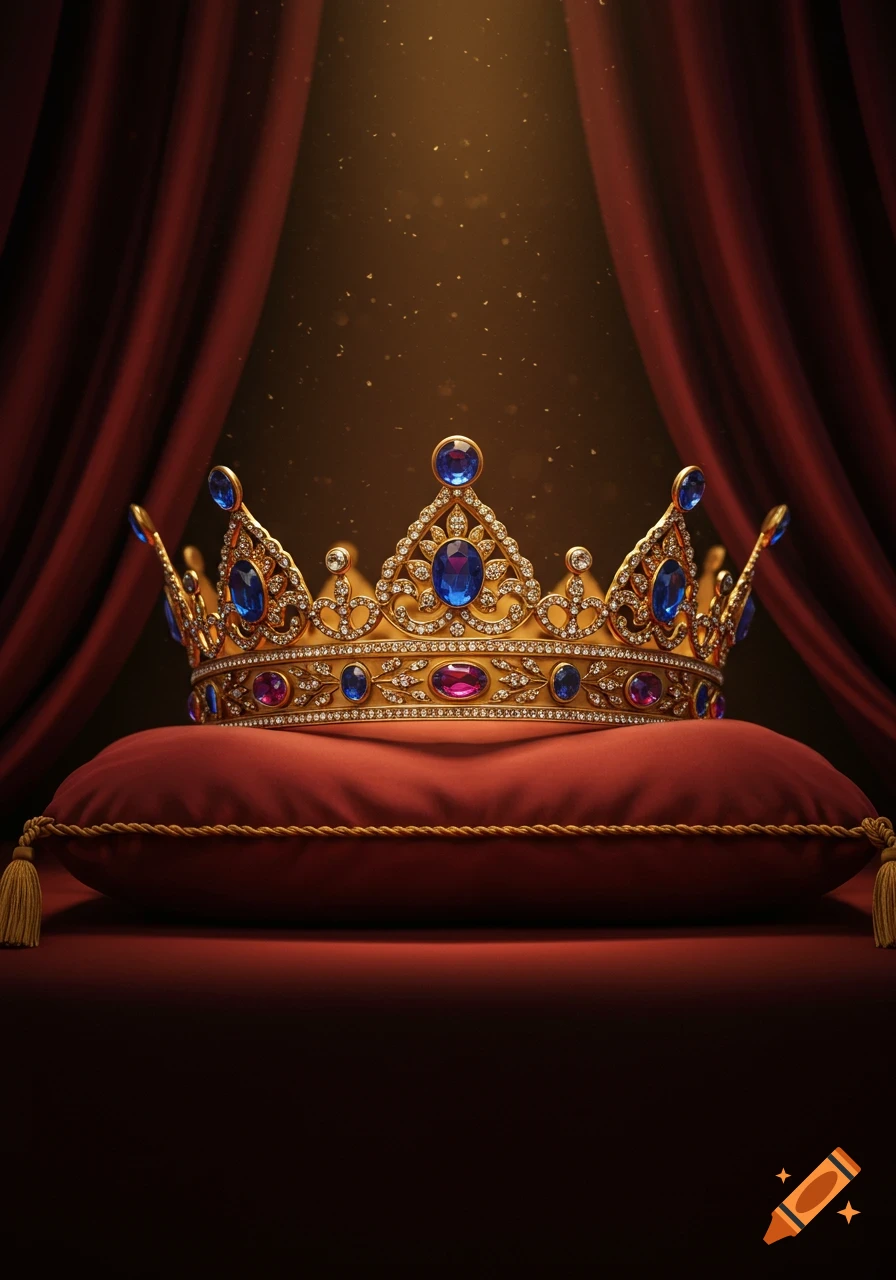 A golden crown adorned with diamonds, blue, and magenta jewels rests on a red velvet pillow, set against dark red velvet curtains under a spotlight.