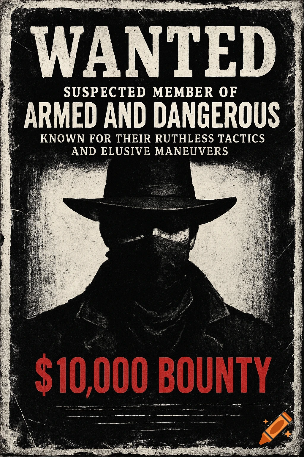 A distressed black and white 'WANTED' poster featuring a masked figure in a cowboy hat, with text about a $10,000 bounty.