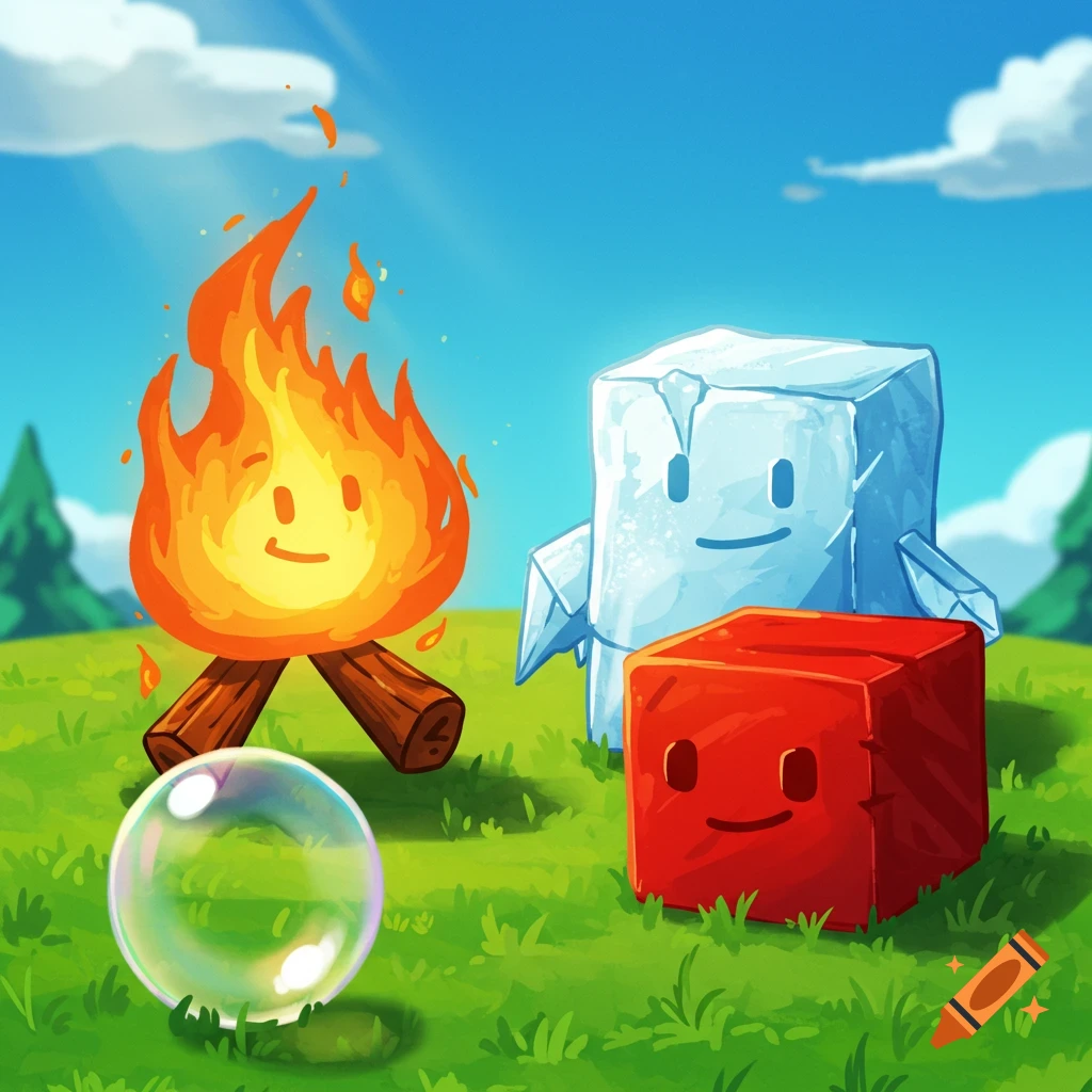 Cartoon fire, ice cube, red cube, and bubble characters with faces on a grassy hill under a sunny blue sky.