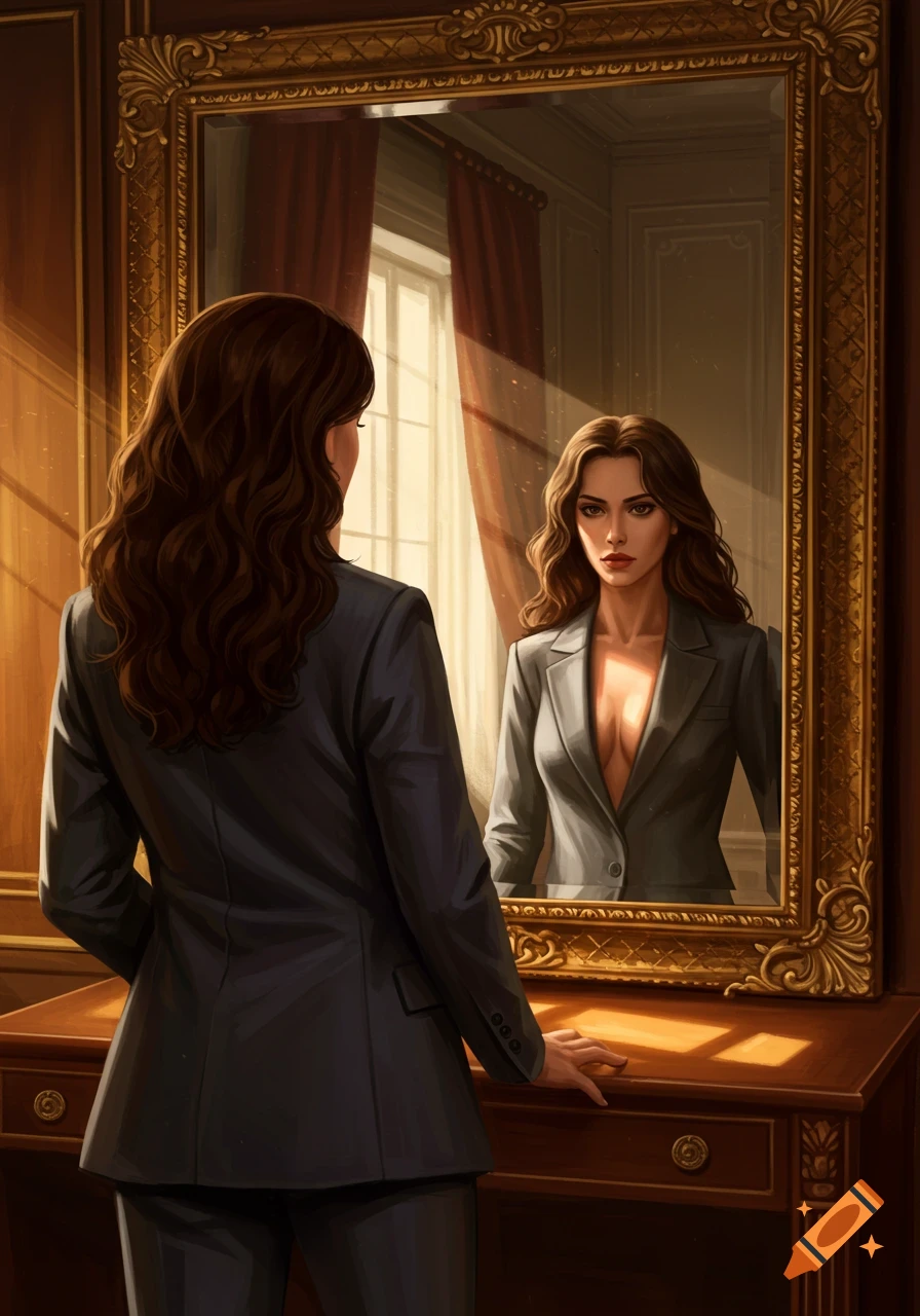 A woman with long wavy hair, seen from behind in a business suit, looks at her reflection in a gold mirror, showing her determined expression.