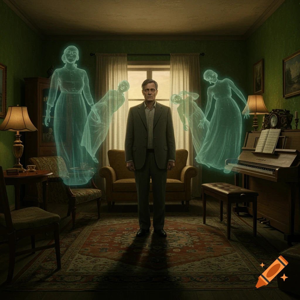 A man stands in a dimly lit, dark green living room, surrounded by glowing blue, ethereal ghosts. Photorealistic style.