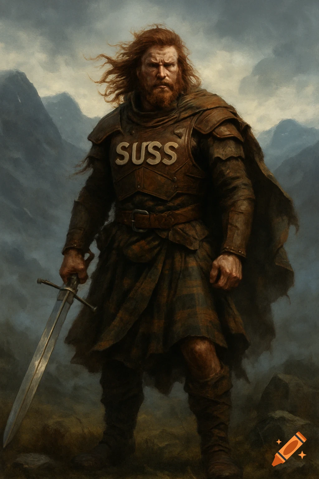 A red-haired Scottish warrior in armor with 'SUSS' on his chest stands holding a sword in a mountainous landscape, painted style.