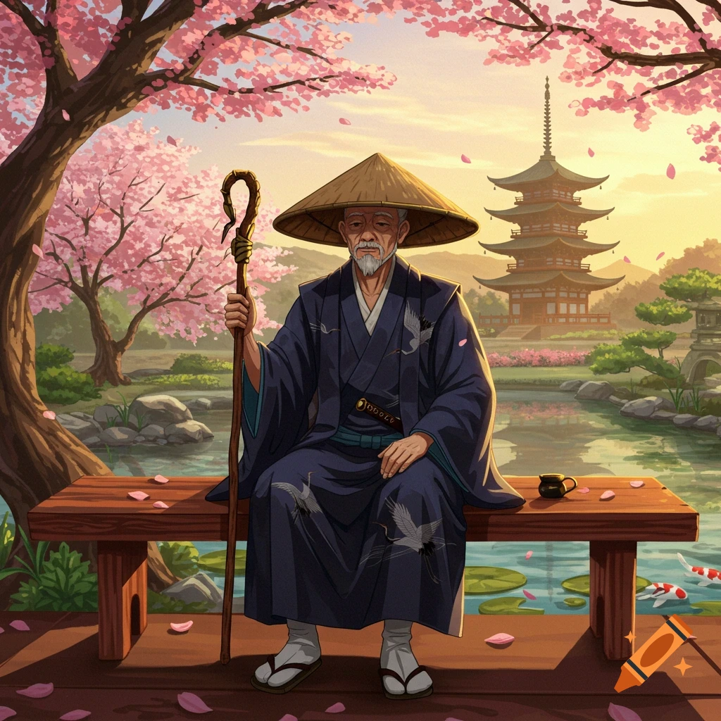 An old man in a straw hat and kimono sits on a bench in a cherry blossom garden with a pagoda.