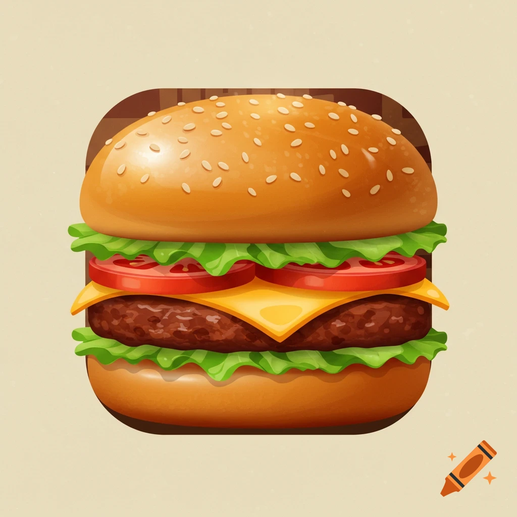 A vibrant, stylized illustration of a hamburger with sesame seeds, cheese, lettuce, and tomatoes, against a light background.