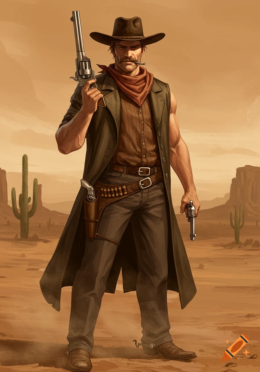 A stylized illustration of a stern cowboy with a mustache and a long coat, holding two revolvers in a desert landscape.