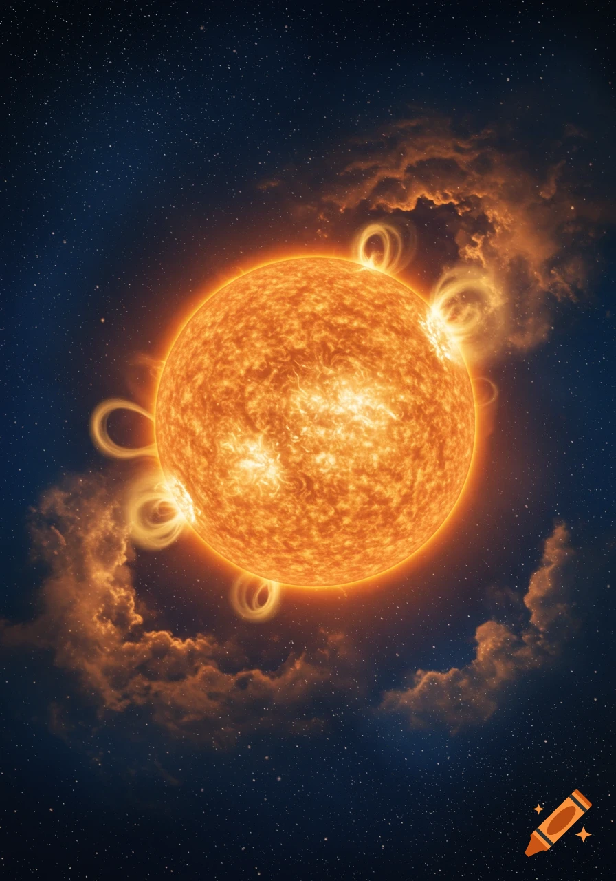 A vibrant orange star with swirling solar flares against a deep blue starry night sky.