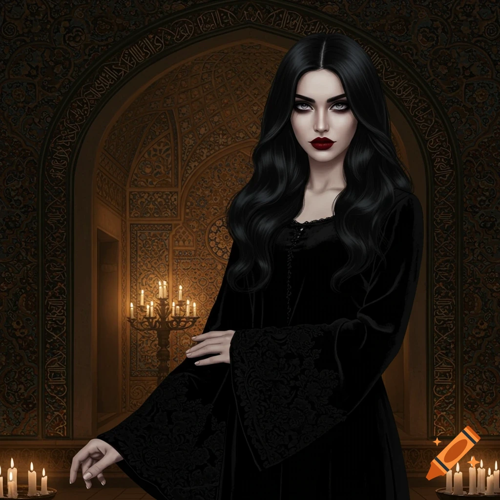 A gothic woman with long black hair and a black velvet dress stands in a richly decorated room with candles.