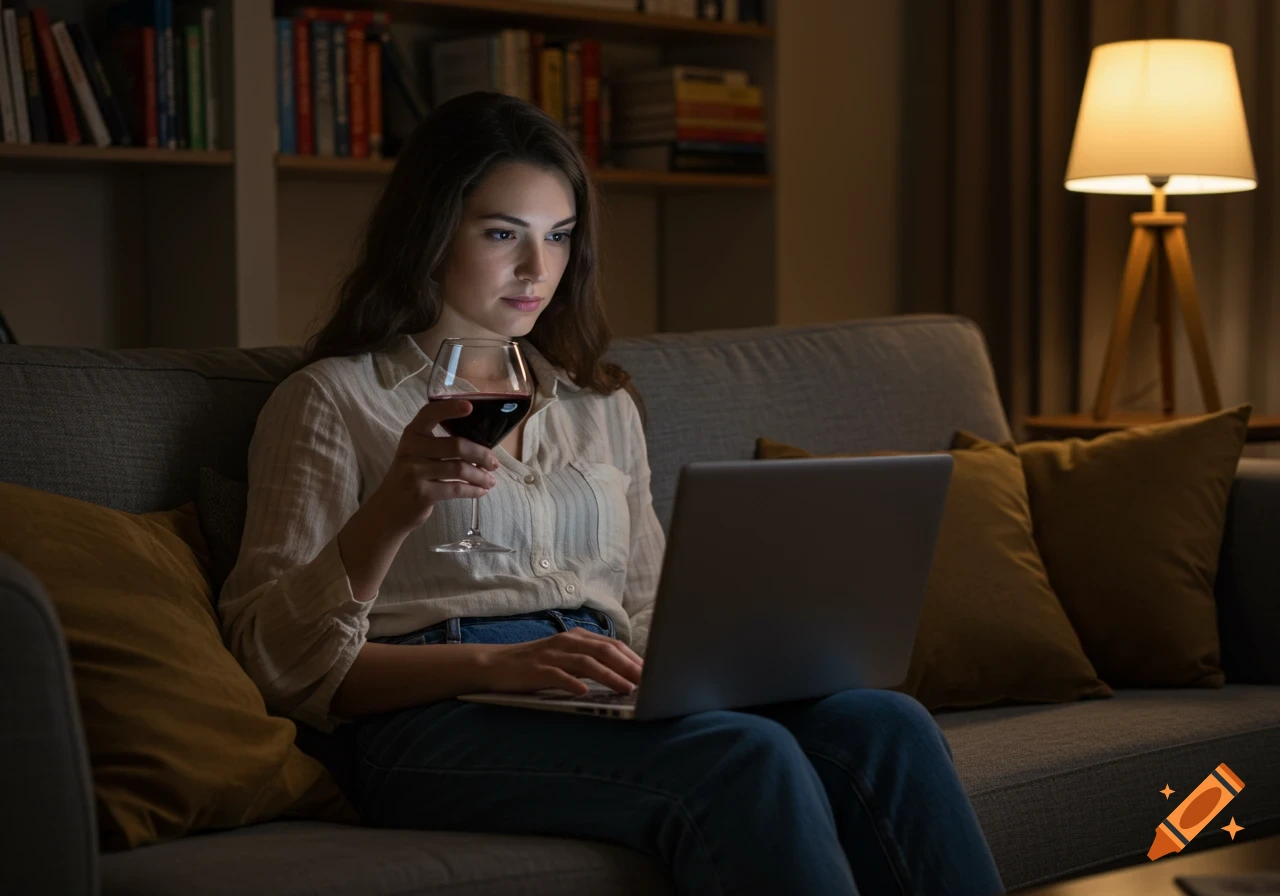 Woman sitting on a couch at night, holding a glass of wine and using a laptop.