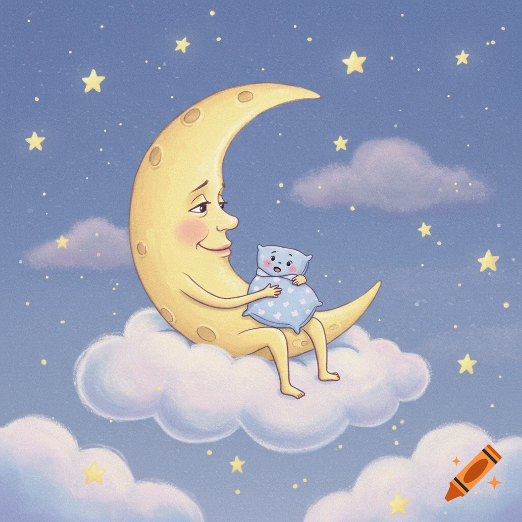 A whimsical crescent moon with a face sits on a cloud, holding a small pillow, in a starry night sky. Children's book illustration style.