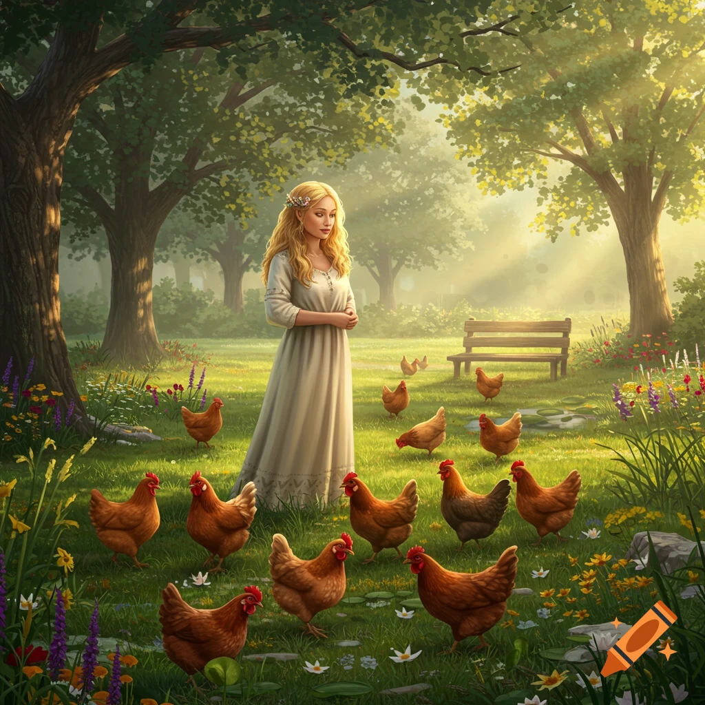 A blonde woman in a white dress stands among chickens in a sunny, lush green park with trees and wildflowers.