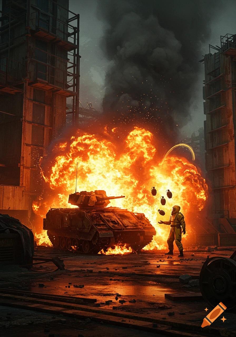 A hazmat-suited figure juggles grenades in front of an exploding military vehicle engulfed in flames amidst a smoky, ruined landscape.