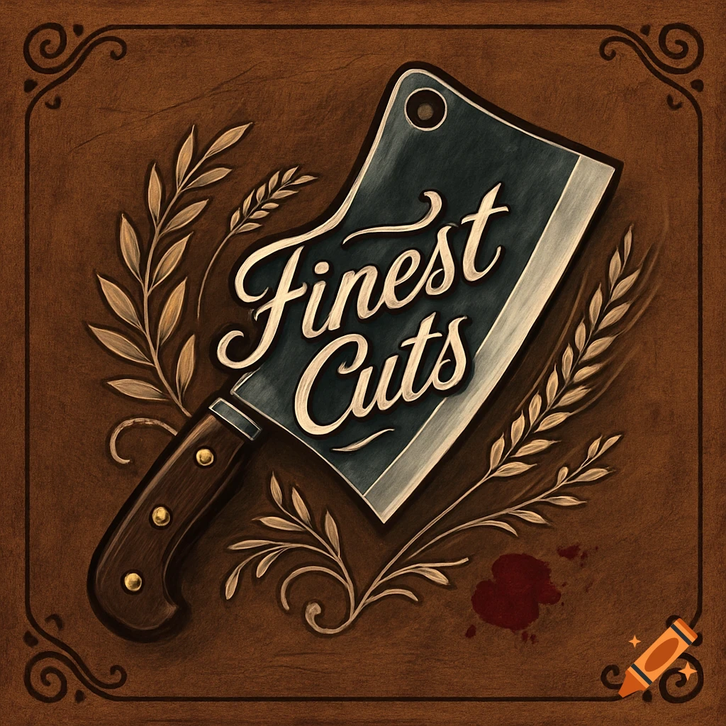 A stylized illustration of a butcher's cleaver with 'Finest Cuts' on its blade, surrounded by wheat on a brown background with decorative borders and a small blood splatter.
