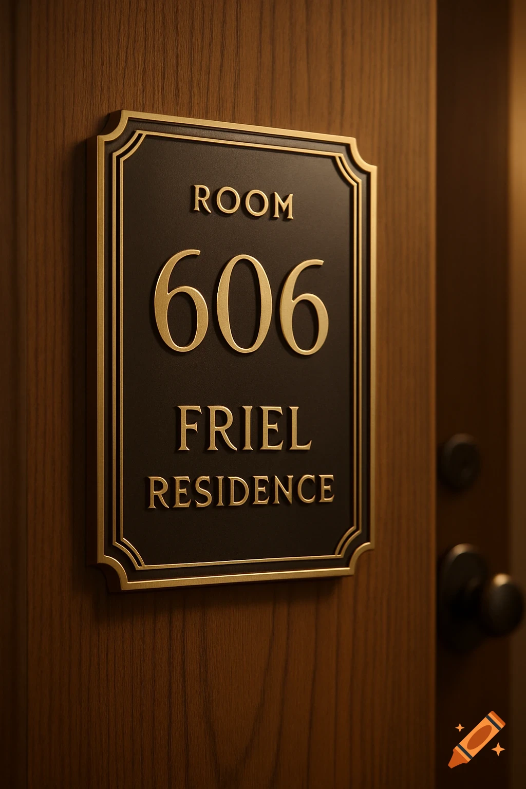Photorealistic close-up of a gold-trimmed black sign on a wooden door, displaying 'ROOM 606 FRIEL RESIDENCE'.