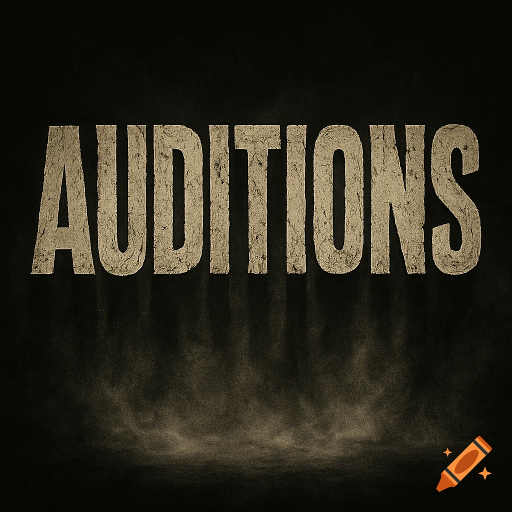 The word AUDITIONS in a distressed, horror-style font against a dark, smoky background.