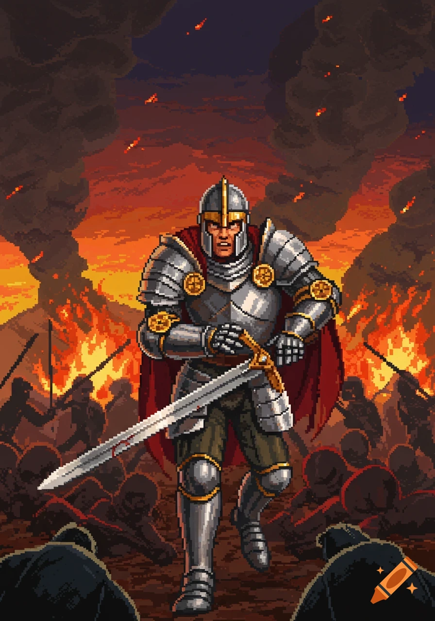Pixel art of a knight in armor holding a sword, standing amidst a fiery battle.