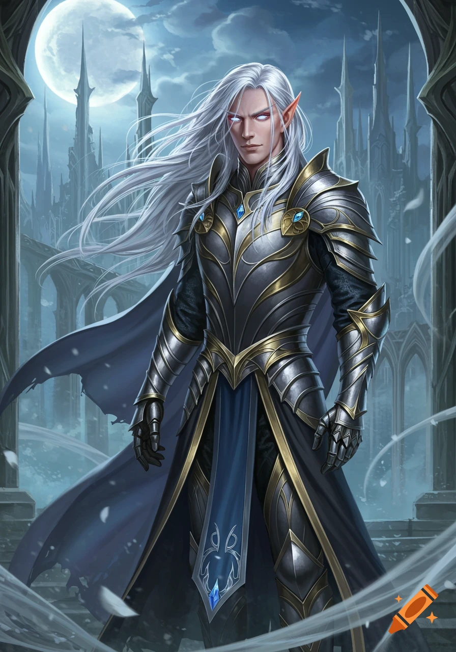 A high elf male in intricate silver, gold, and blue armor stands under a large moon in a mystical elven city.