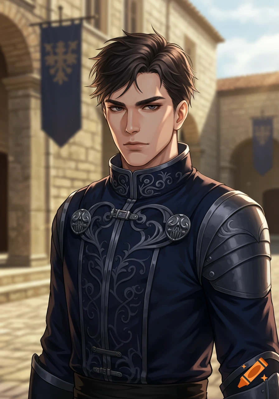 Anime art of a young man in a dark blue medieval-style uniform with armor standing outdoors.