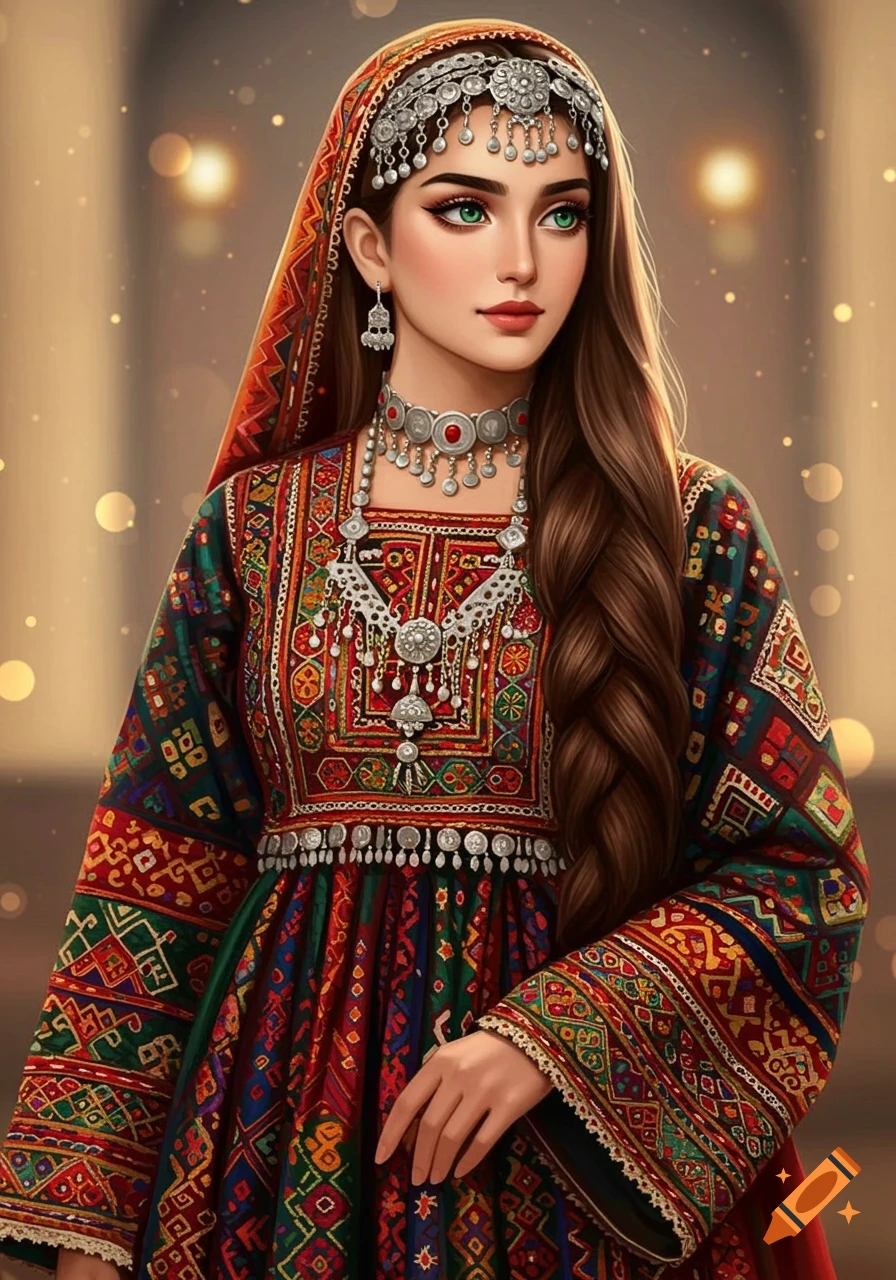 A digital painting of a beautiful woman with green eyes and long braided hair, wearing an ornate traditional Afghan dress and silver jewelry.