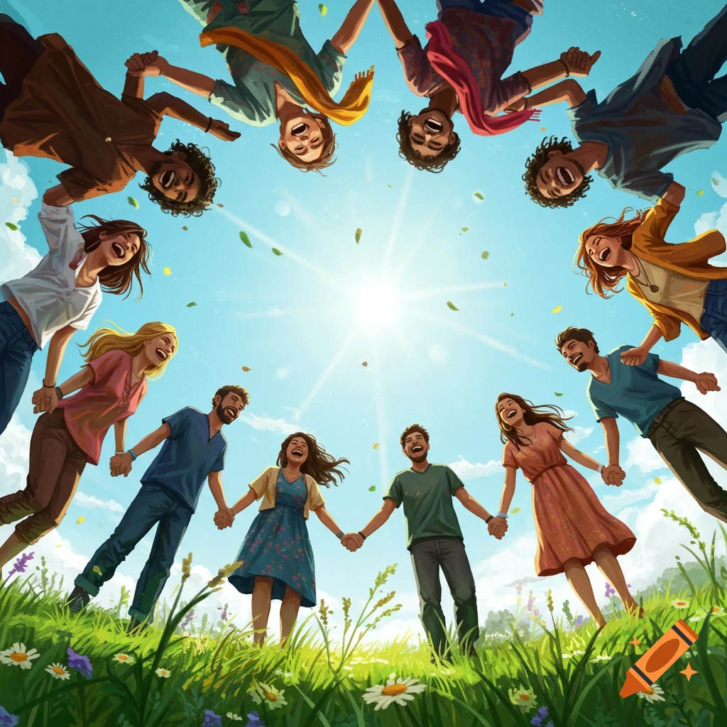 A diverse group of happy friends holds hands in a circle, seen from below looking up at a bright sun in a blue sky, surrounded by green grass and flowers.