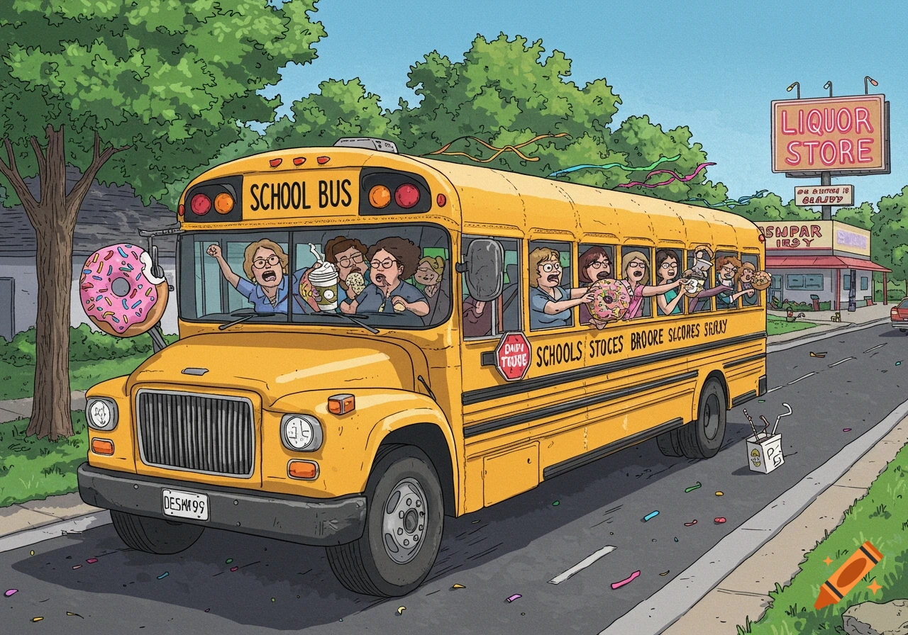 A school bus full of teachers, some holding huge donuts and coffee, race down a street past a liquor store. The art style is cartoonish.