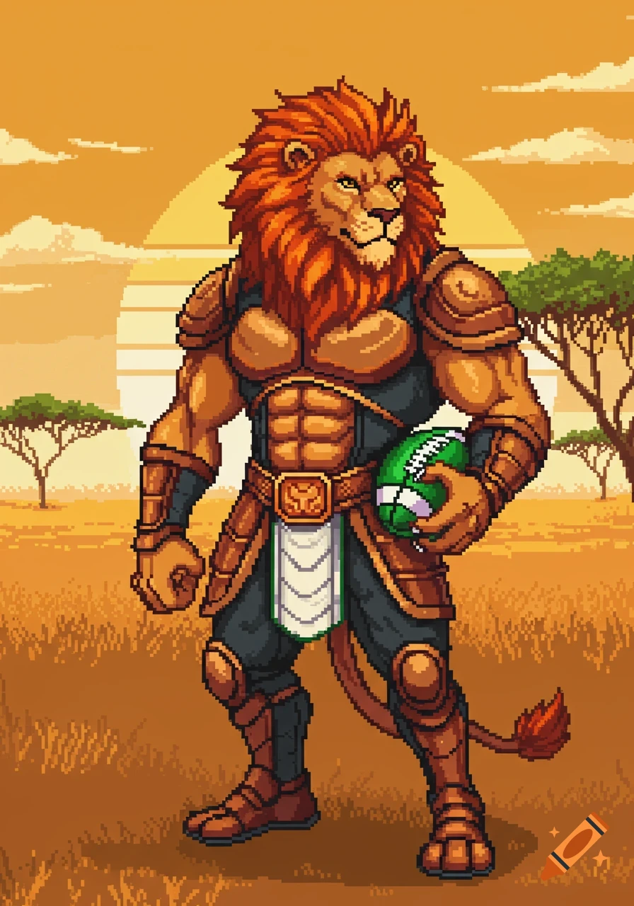 A pixel art illustration of a muscular lion warrior holding a football in a savannah at sunset.