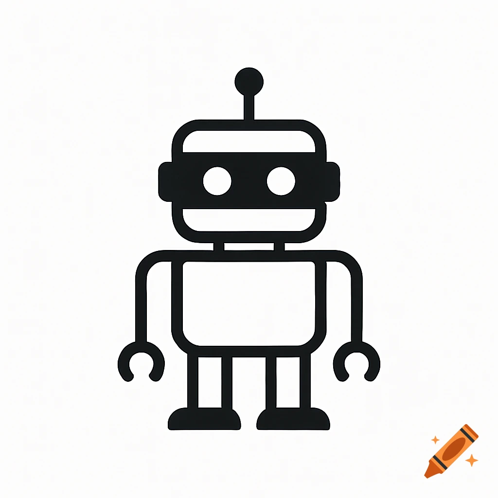 A minimalist black robot icon on a white background.