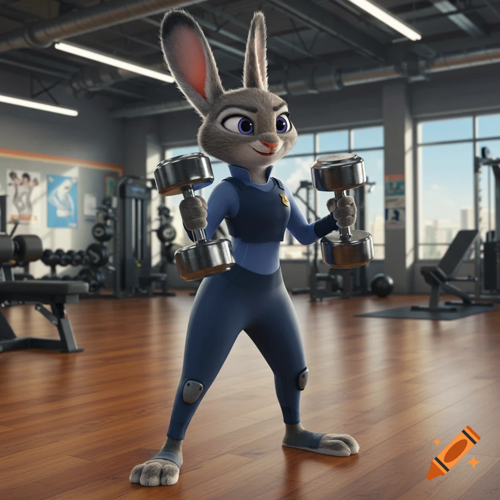 Animated Judy Hopps, a rabbit, lifts dumbbells in a gym while wearing navy blue sportswear.