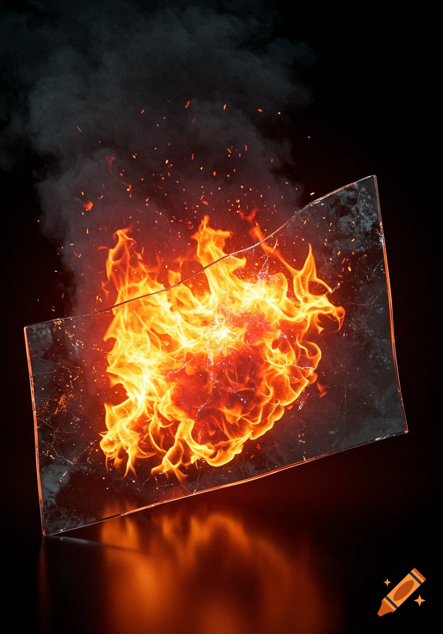 Flames engulf a broken piece of glass, emitting smoke and sparks against a dark background.