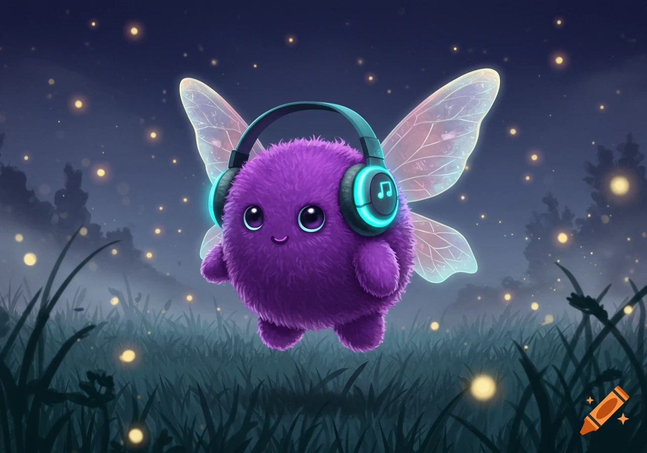 A cute fluffy purple creature with fairy wings and glowing headphones floats in a mystical night forest with fireflies.