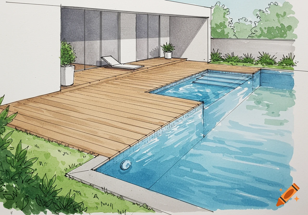 A hand-drawn sketch of a modern backyard with a wooden deck, a blue swimming pool, and green landscaping.