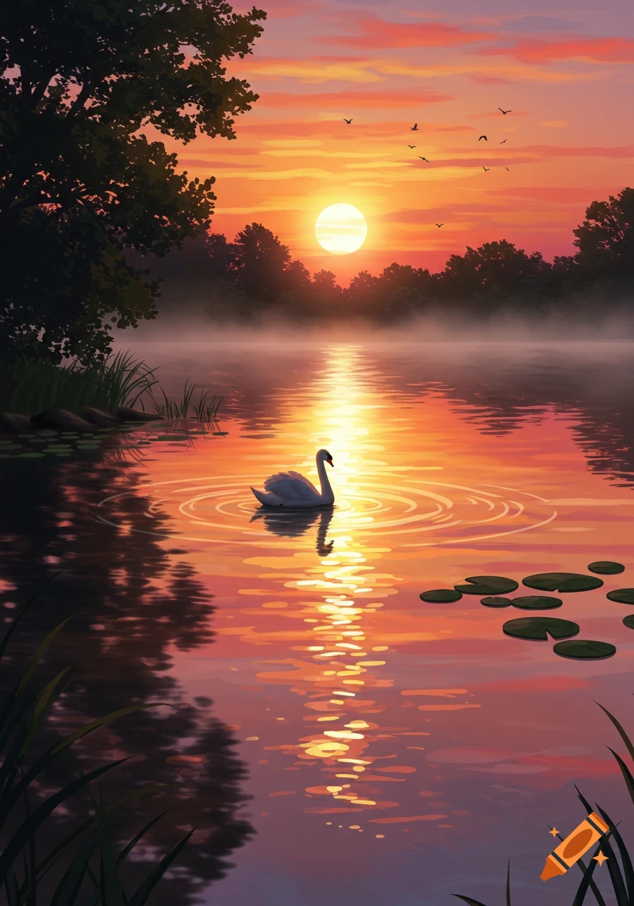 A vibrant sunset over a misty lake with a white swan, reflections, and distant trees in a painterly style.