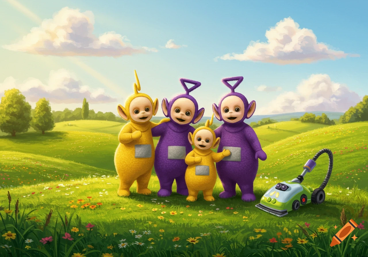 Four Teletubbies, two purple and two yellow, stand in a bright green field with colorful flowers under a sunny sky, next to a vacuum cleaner.