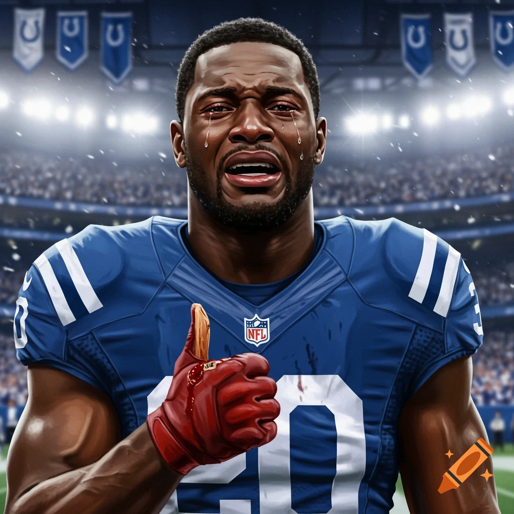 A crying Black football player in an Indianapolis Colts uniform with a bloody splinter in his thumb, standing in a snowy stadium.