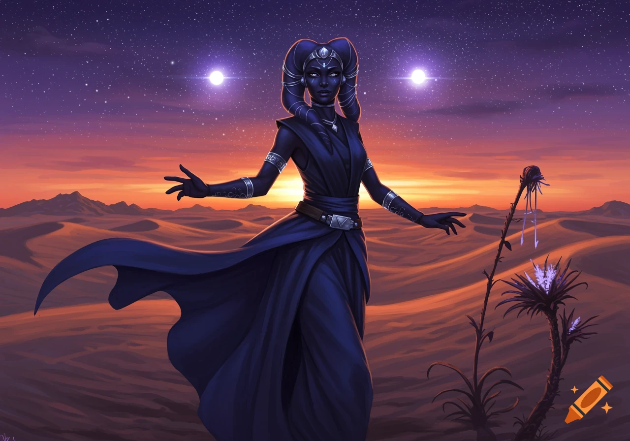 A dark-skinned Twi'lek woman in a dark blue robe stands in a desert landscape under a starry sky with two bright suns.