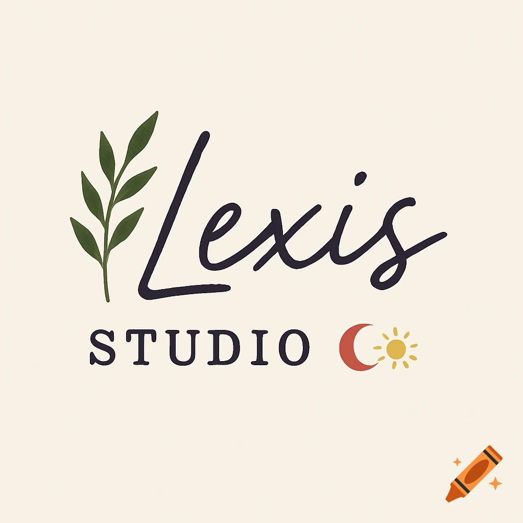 Minimalist logo for Lexis Studio Co. with a green leaf, crescent moon, and sun symbols on a cream background.