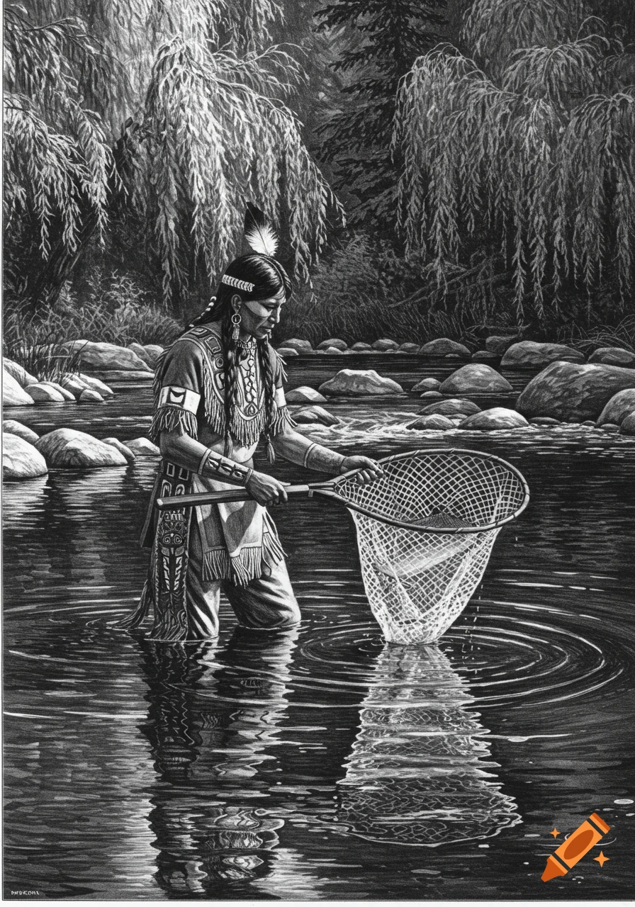 A black and white drawing of an Indigenous man wading in a river, holding a fishing net, with willow trees in the background.
