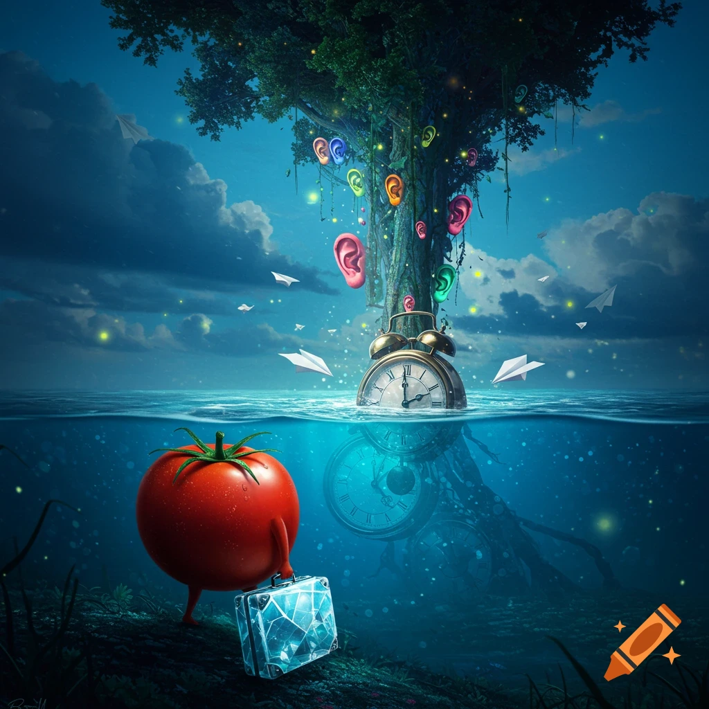 Surreal image of a red tomato with a suitcase walking underwater towards an alarm clock. A tree with colorful ears grows above water, with paper planes flying around.